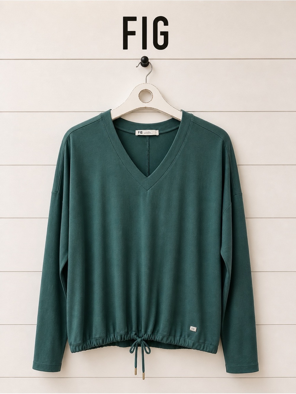 FIG – Teal V-Neck Drawstring Hem Top (Size L)